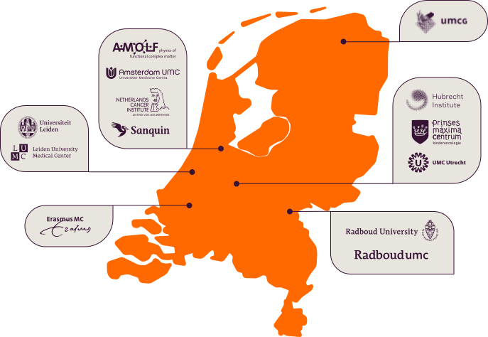 Map of the Netherlands highlighting Oncode Institute partner institutions